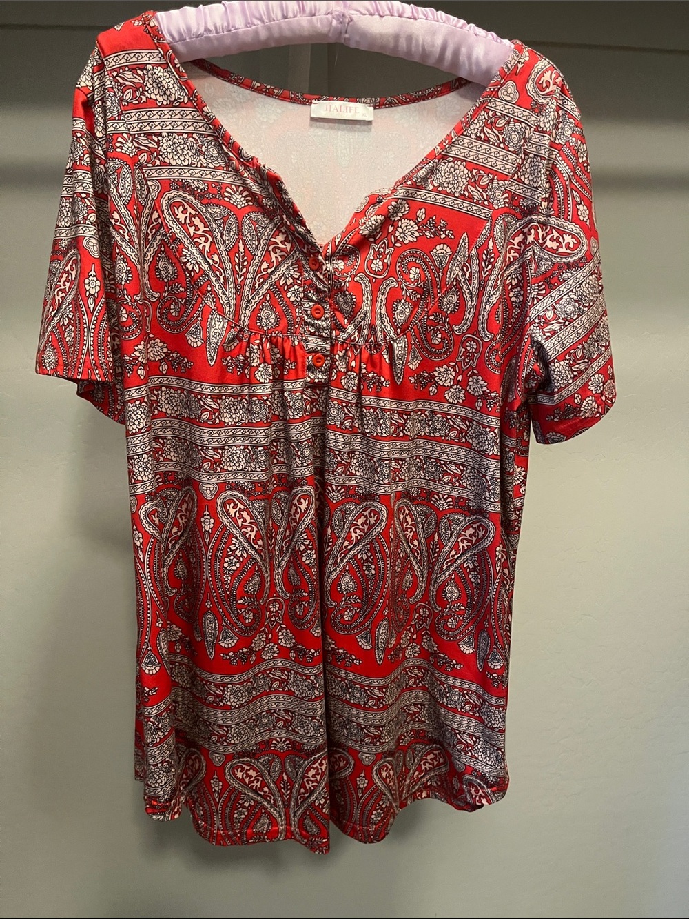 Red Paisley Short-Sleeve Tunic Top